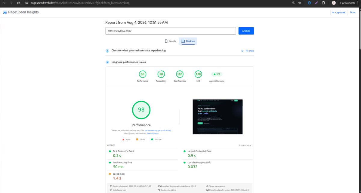 StayLocal SEO and page speed results